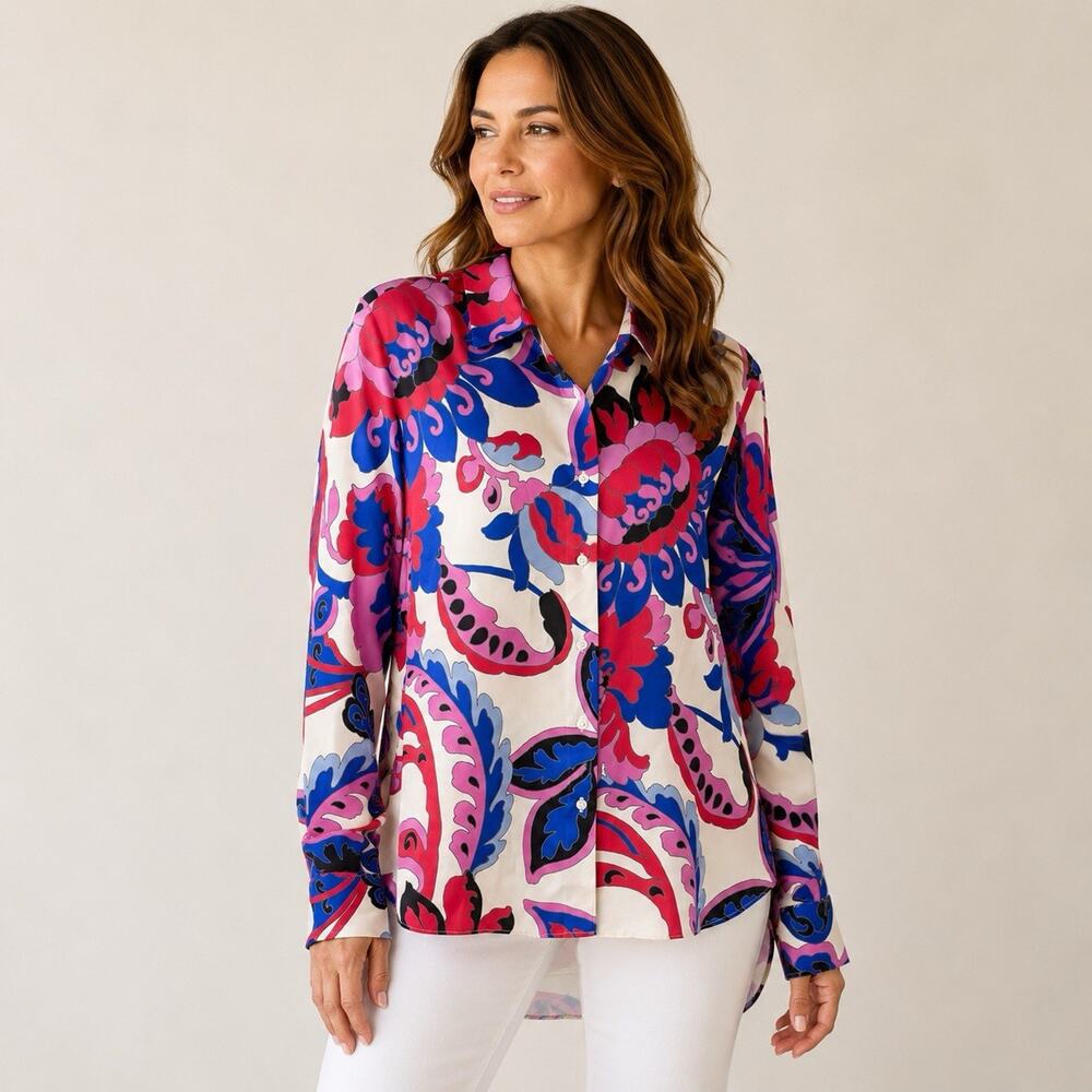 Lola Casademunt Maite Satin Shirt Small Oversize Bold Colorful Floral Maximalist